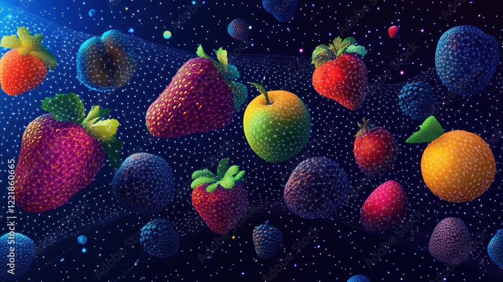 Poster a vibrant, surreal scene of various colorful fruits floating in a cosmic space, surrounded by shimme