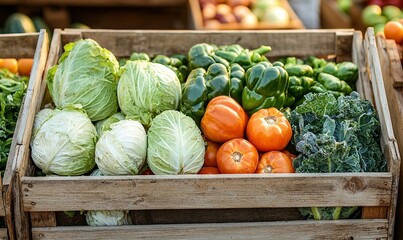 Fresh produce in wooden crates at farmers market