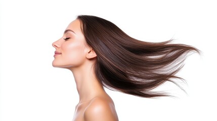 Fototapeta premium Profile of Woman with Flowing Hair, Perfect Skin, and Calm Expression