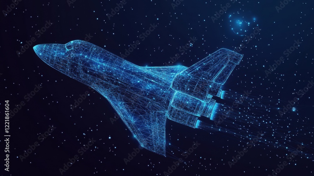 Poster a futuristic holographic representation of a spaceship traveling through a starry space environment,