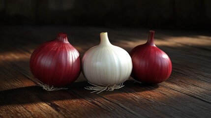 Red and white onions on wooden table, sunlight. Food photography