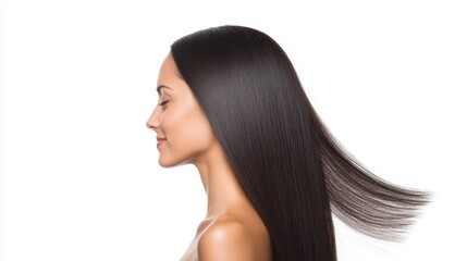Fototapeta premium Elegant Woman with Long Smooth Hair Against White Background