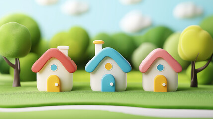 Cute 3D houses surrounded by trees in the countryside