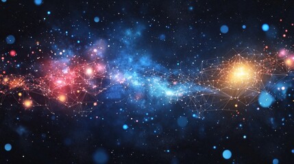 A vibrant cosmic scene featuring swirling galaxies, bright stars, and colorful nebulae against a dark backdrop.