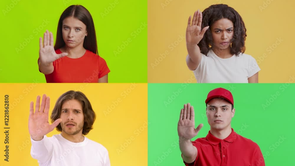 Poster a collection of men and women from various backgrounds display emotional gestures against bright bac