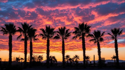 Obraz premium Vibrant Sunset Over Silhouetted Palm Trees Against Colorful Sky