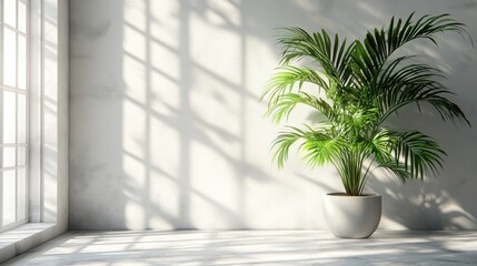 Fototapeta premium Indoor Plant Minimalist Room Decor Sunlight White Pot Parlor Palm Home Interior Design Bright Room