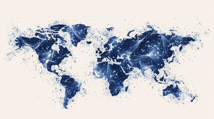 A stylized map of the world in blue tones, featuring interconnected dots and lines, symbolizing global connectivity and technology.