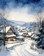Fototapeta premium A charming winter village nestled among snowy hills with cozy houses and falling snow. A peaceful winter scene
