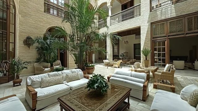 Elegant courtyard of a traditional Moroccan riad featuring lush plants and comfortable seating arrangements