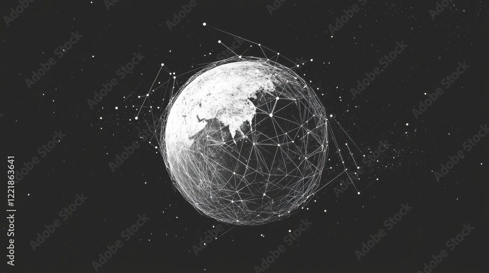 Poster a digital representation of earth, interconnected with lines and nodes, symbolizing global networkin