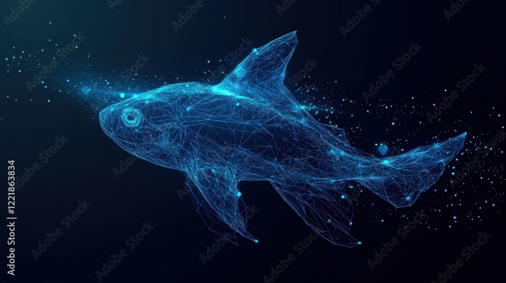 Poster a digital representation of a shark, created with glowing particles, illustrating a blend of technol