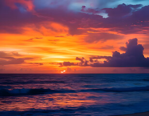 Obraz premium Vivid sunset over a calm ocean with gentle waves lapping the sandy shore. Warm colors and peaceful atmosphere