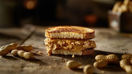 Deliciously Toasted Peanut Butter Sandwich Surrounded by Fresh Peanuts on Rustic Wooden Table Perfect for Food Photography and Recipe Inspiration