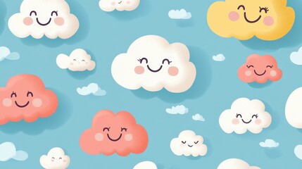 Colorful Cute Clouds with Smiling Faces on Blue Sky Background