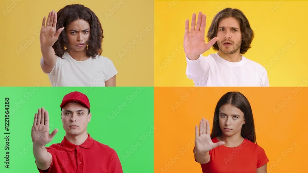 Poster A diverse group of individuals demonstrates various emotions and hand gestures against bright, colorful backgrounds. Each person conveys a unique feeling, creating a dynamic and engaging display.