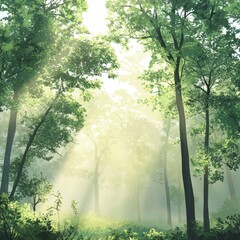 Sunlit Mist Shrouds a Tranquil Green Forest