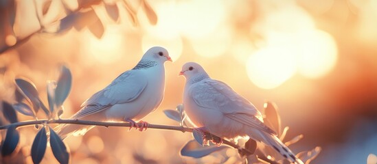 Two Doves Perched on a Branch at Sunset