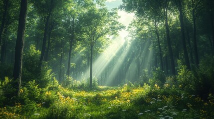 Fototapeta premium Sunbeams Illuminating a Lush Green Forest Path Magical Woodland Scene