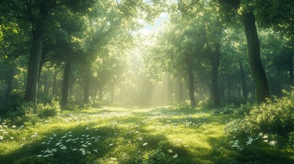 Sunlit Forest Path Magical Green Woods with Blooming Flowers and Sunlight Beams