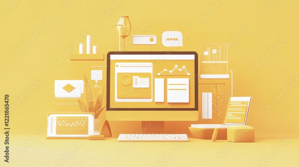Poster a digital workspace concept featuring a yellow-themed computer setup with elements symbolizing data 