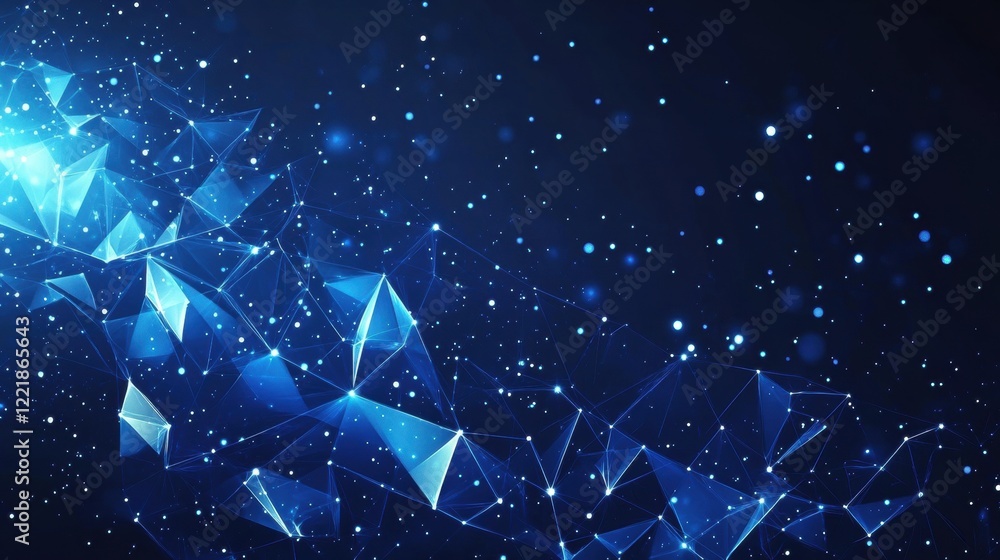 Poster a vibrant blue abstract background featuring triangular shapes and glowing particles, creating a dyn