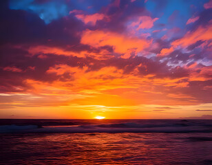 Vivid sunset over a calm ocean with gentle waves lapping the sandy shore. Warm colors and peaceful atmosphere