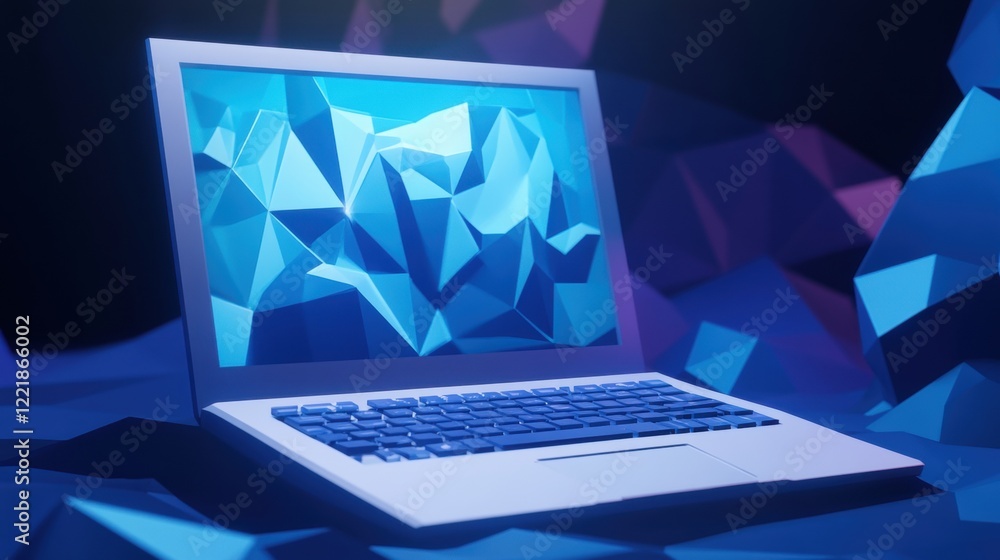 Poster a modern laptop displaying a geometric blue design, set against a backdrop of abstract shapes in var