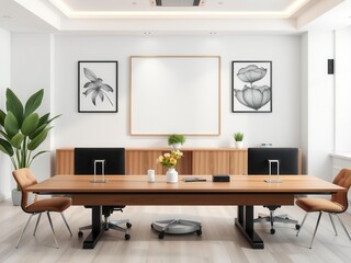 A modern office workspace with clean white walls adorned with mockup office wall art, professional, modern, wall art