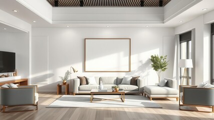 Fototapeta premium Spacious living room with modern wall art mockup, home, stylish, large space