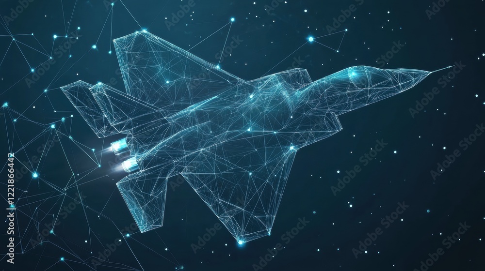 Poster a futuristic digital representation of a fighter jet, showcasing a network of lines and points again