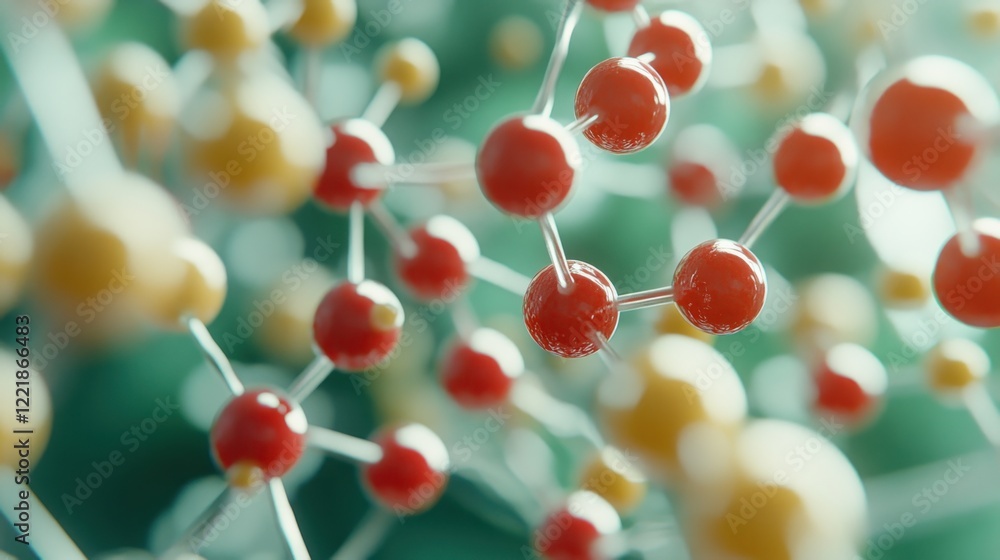 Poster abstract molecular structure: red and yellow atoms connected in a complex network