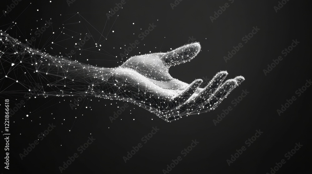 Poster a hand extends outward, surrounded by shimmering particles on a dark background, creating a sense of