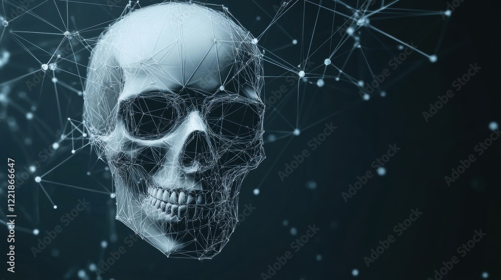 Poster a digital skull design surrounded by a network of interconnected lines and dots, symbolizing technol