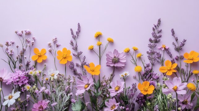 Colorful Cosmos and Wildflowers Arranged on Lavender Background