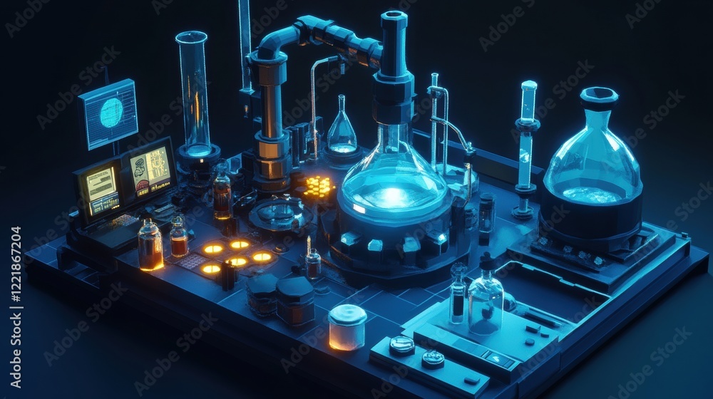 Poster a futuristic laboratory setup with glowing glassware and high-tech equipment, creating a vibrant atm
