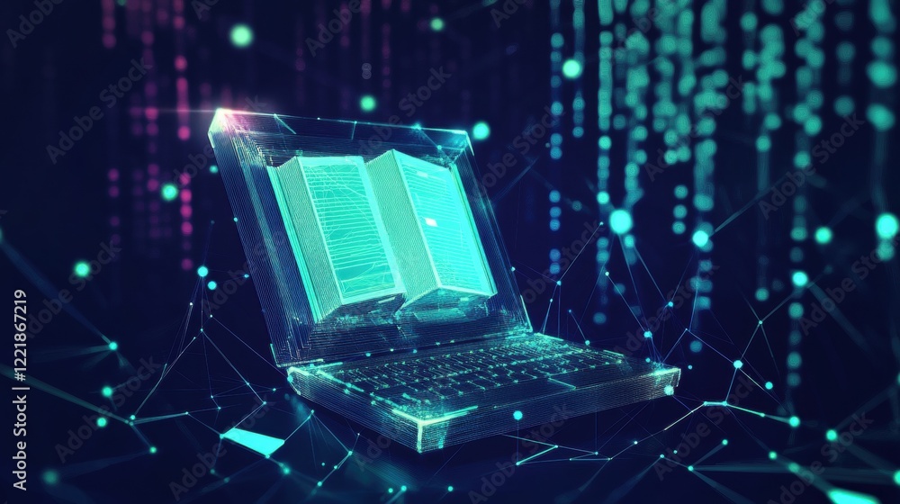Poster a futuristic representation of a book emerging from a laptop, symbolizing the intersection of techno