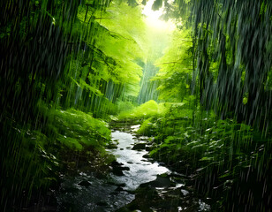 Obraz premium A tranquil stream flows through a lush, rain-soaked forest, sunlight filtering through the leaves