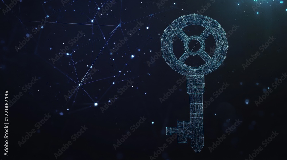 Poster a digital key design illuminated against a dark background, symbolizing cybersecurity and technology