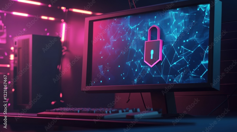 Poster a futuristic computer setup featuring a monitor with a padlock icon, emphasizing cybersecurity in a 