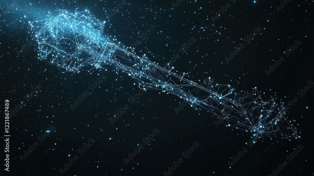 Poster a digital representation of a celestial object, featuring interconnected blue points resembling a st