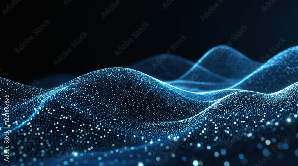 Poster a digital representation of flowing waves made of particles and light, creating a mesmerizing visual