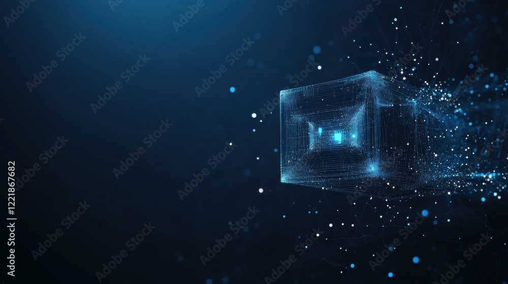 Poster a futuristic, digital image showing a glowing, cubic shape with particles dispersing against a dark 