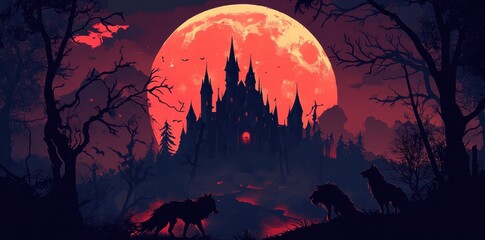 Dark Castle Under Blood Moon Wolves Watching