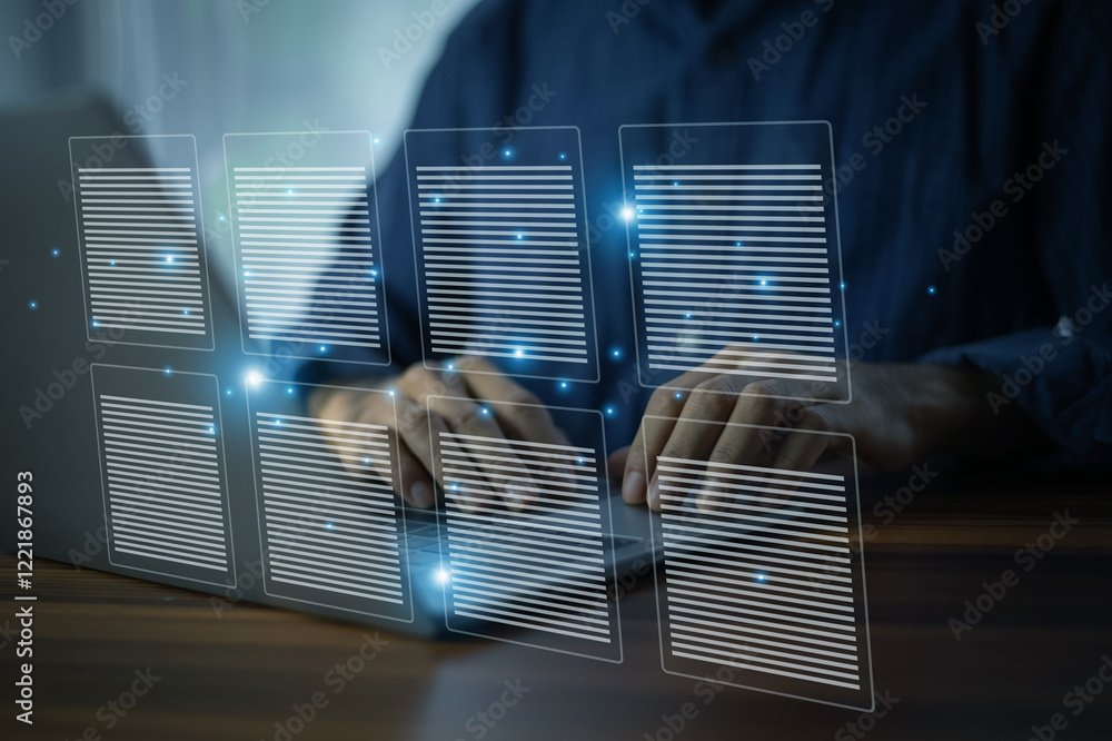 Poster businessman updating a marketing strategy document in cloud software on a computer
