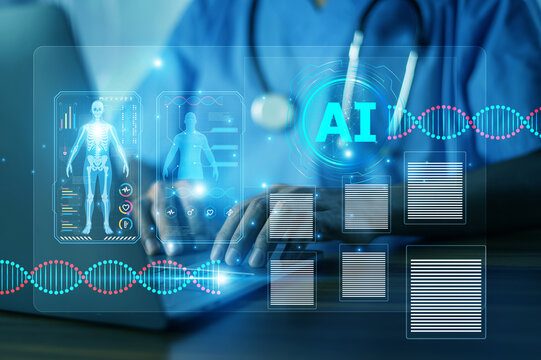 Doctor actively training an advanced AI system by inputting medical cases and outcomes to enhance patient care and improve diagnosis accuracy