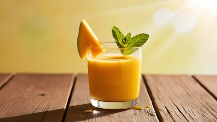 A refreshing glass of mango juice, garnished with a slice of fresh mango and a sprig of mint, sits on a rustic wooden table against a warm, sunny backdrop, with a few subtle water droplets on the glas