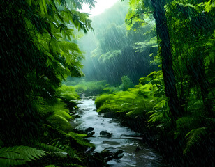 Obraz premium A tranquil stream flows through a lush, rain-soaked forest, sunlight filtering through the leaves