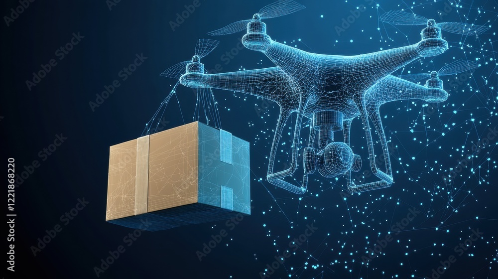 Poster a drone is transporting a package through a digital environment, symbolizing advanced delivery techn
