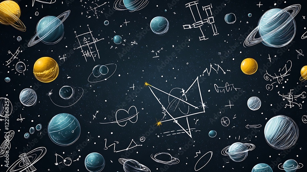 Poster cosmic exploration with planets and mathematical symbols